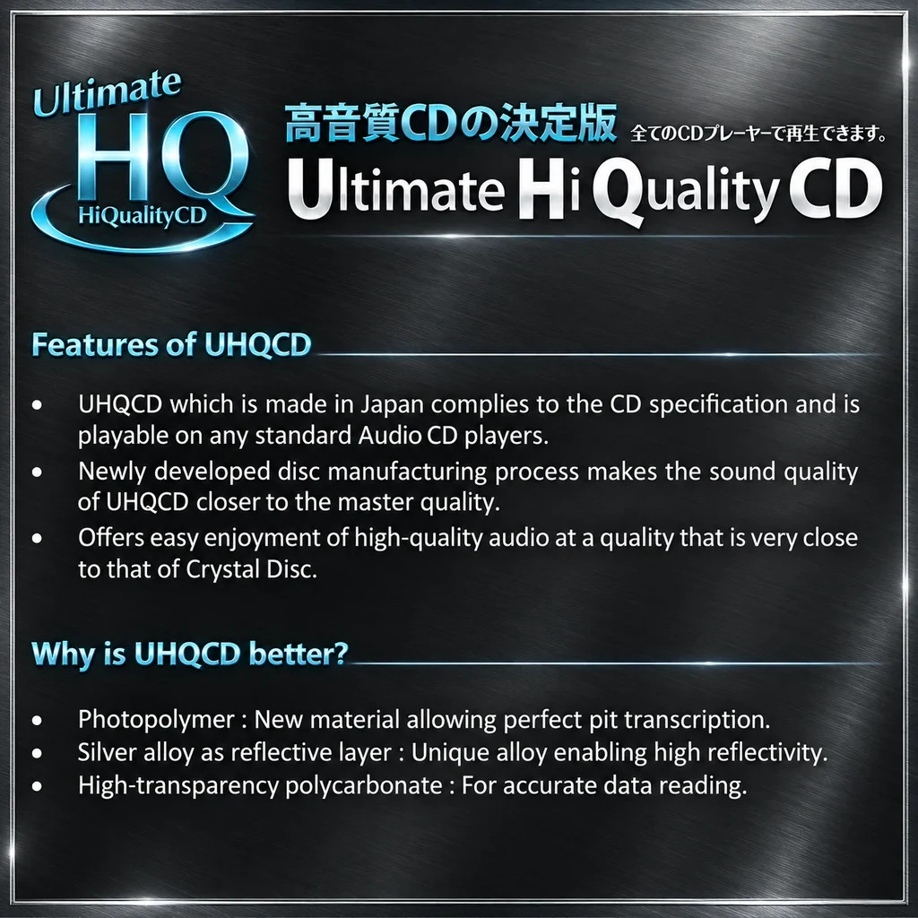 UHQCD feature poster: standard-CD compatibility, photopolymer, silver alloy and high-transparency polycarbonate
